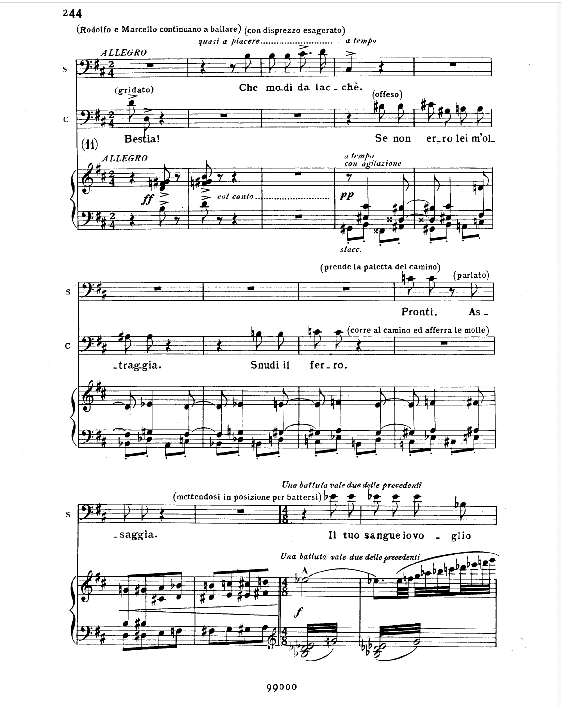 Giacomo Puccini [Τζάκομο Πουτσίνι], La Bohème [Μποέμικη ζωή], πράξη Δ΄, σ. 244. Στην κωμική μονομαχία Σωνάρ [Schaunard] – Κολλίνου [Colline] η ένδειξη «parlato» (ομιλητικά / παρλάντο) στη φράση «Pronti» [Έτοιμοι] του Σωνάρ ορίζει τον ρυθμό της οιονεί ομιλούμενης εκφοράς πάνω στη σκηνική δράση. Piano reduction, επιμ. Carlo Carignani [Κάρλο Καρινιάνι], Milano: G. Ricordi &amp; C., 1897, Plate 99000. Public Domain.