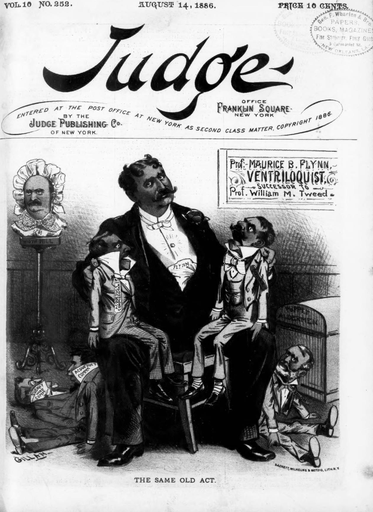 O εγγαστρίμυθος, καθηγητής [[#Maurice B. Flynn [Μωρίς Μπ. Φλυν]#]] ποζάρει με τις κούκλες του στο εξώφυλλο του αμερικανικού περιοδικού Judge, 14 Αυγούστου 1886.