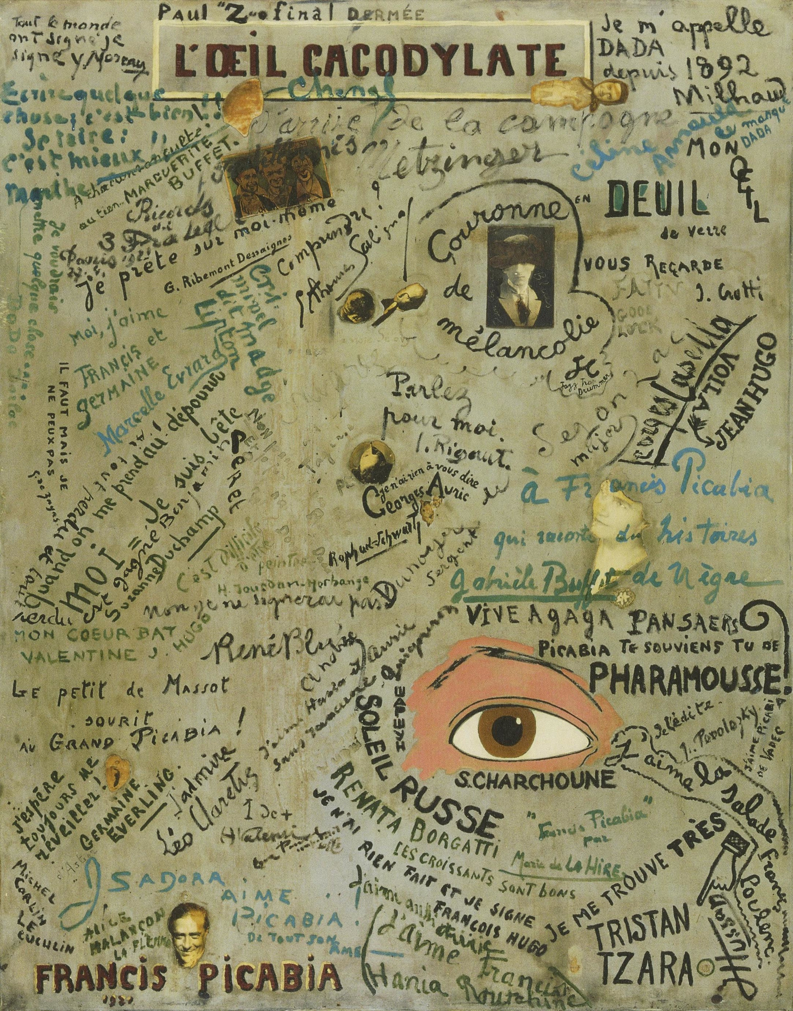 Francis Picabia, L’Œil cacodylate [Το κακοδυλικό μάτι] (1921). Στο έργο αυτό ο Picabia κάλεσε φίλους, ζωγράφους και λογοτέχνες, ανάμεσα στους οποίους ήταν και Ντανταϊστές, να υπογράψουν και να προσθέσουν φωτογραφίες ή φράσεις πάνω στον πίνακα. Με αυτό τον τρόπο ο Picabia δημιούργησε ένα συλλογικό έργο που αμφισβητεί την αυθεντία του καλλιτέχνη και τη γνησιότητα της υπογραφής του.  