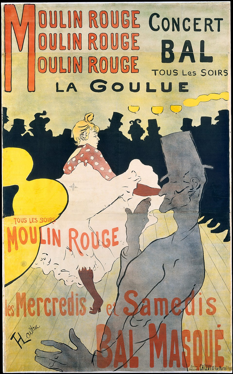 Η αφίσα ως πορτραίτο του θεάματος: [[#Henri de Toulouse-Lautrec [Ανρί ντε Τουλούζ-Λωτρέκ]#]], Moulin Rouge: La Goulue [Μουλέν Ρουζ: Η Γκουλύ], 1891, έγχρωμη λιθογραφία σε τρεις πέτρες. Η χορεύτρια Louise Weber [Λουίζ Βεμπέρ], γνωστή ως La Goulue [Η Λαίμαργη], προβάλλεται στο κέντρο, με το κοινό αποδομένο σε μαύρη σκιαγραφία και τον χορευτή Valentin le Désossé [Βαλαντέν ο Ξεκοκ].