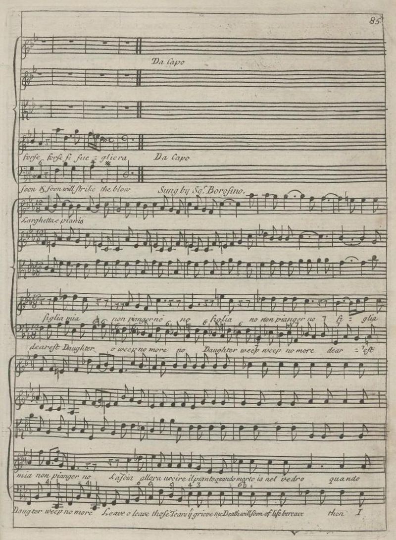 Η άρια του αποχαιρετισμού του Σουλτάνου Βαγιαζήτ [Sultan Bayezid], από την όπερα του [[#Georg Friederich Händel [Γκέοργκ Φρίντριχ Χέντελ]#]] Ταμερλάνος [Tamerlano] (σημειώνεται η οδηγία "da capo"). Πρώτη έκδοση, Λονδίνο (1719). 