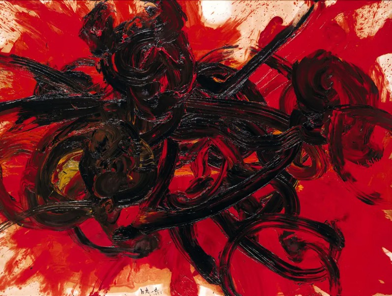 Καζούο Σιράγκα, Έργο ΙΙ [Work II], 1958, λάδι σε χαρτί επί καμβά,&nbsp;183×243 εκ., Hyōgo Prefectural Museum of Art., Οσάκα.​Το έργο αυτό του Σιράγκα αποτελεί ένα ενδεικτικό ίχνος της καλλιτεχνικής διαδικασίας που ακολούθησε, δηλαδή της ζωγραφικής με τα πόδια. Ο καμβάς απομονώθηκε από το εικαστικό γεγονός της πάλης των αιωρούμενων άκρων του καλλιτέχνη και εκτέθηκε στον τοίχο ως ζωγραφικός πίνακας, γεγονός που μαρτυρά την ιδρυματοποίηση και εμπορευμετοποίηση των κατάλοιπων των δράσεων της ομάδας Γκουτάι. Η έκθεση των καμβάδων του Σιράγκα και η απομάκρυνσή τους από το πλαίσιο της δημιουργίας τους, τους αποστερεί και το πλέον πρωτότυπο γνώρισμά τους —που αποτελούσε άλλωστε και το μείζον αίτημα της ομάδας εξαρχής— δηλαδή την ενσώματη και επιτελεστική εμπλοκή του καλλιτέχνη στην δημιουργική πράξη.