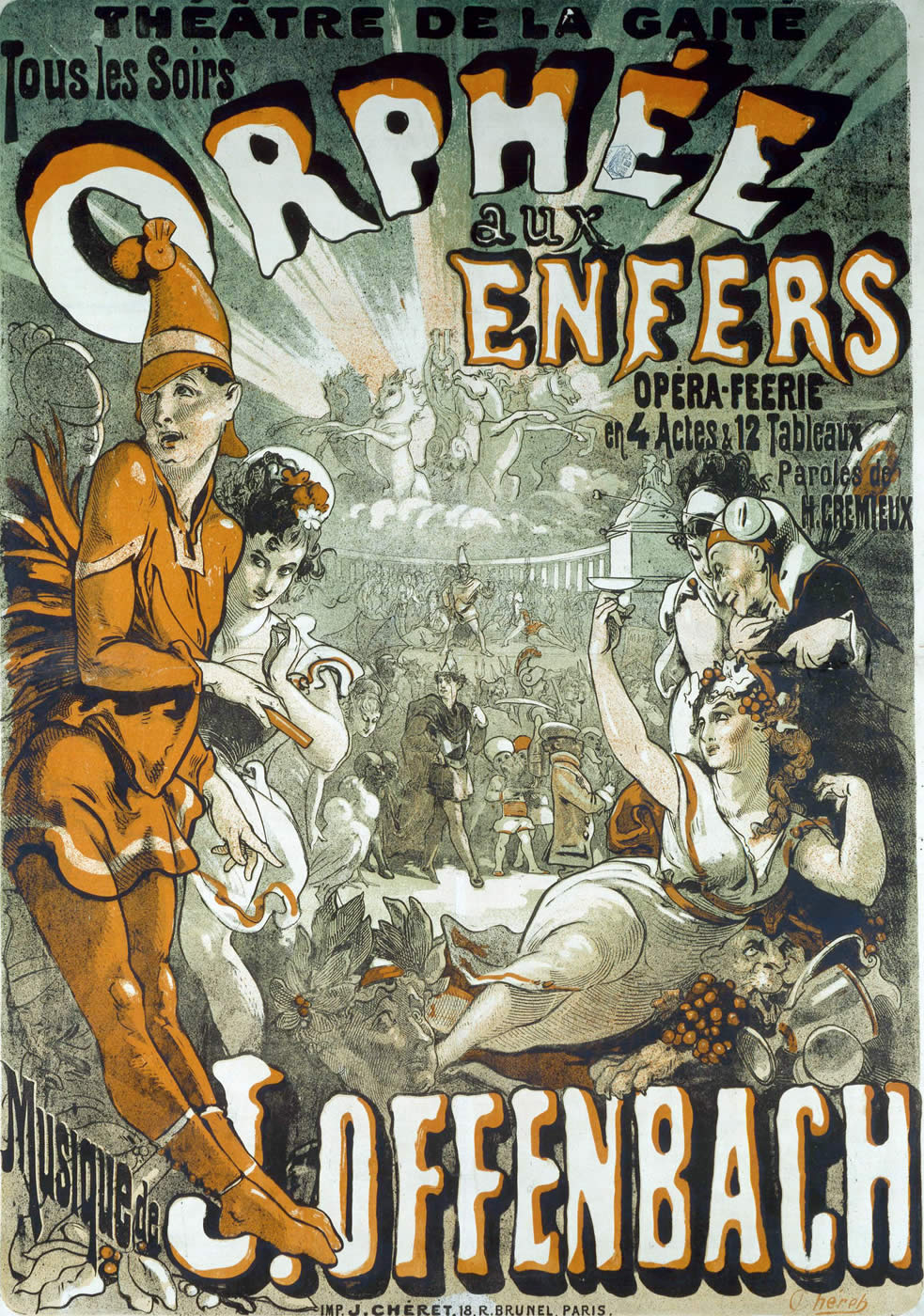 Ιστορική λιθόγραφη αφίσα του καλλιτέχνη Jules Chéret [Ζυλ Σερέ] για το ανέβασμα της περίφημης γαλλικής οπερέττας Orphée aux enfers [Ορφέας στον Άδη] του συνθέτη Jacques Offenbach. Το συγκεκριμένο εικονογραφικό τεκμήριο αποτυπώνει την αισθητική της εποχής και τον καθοριστικό ρόλο των γραφικών τεχνών στην εμπορική προώθηση του είδους στο παρισινό κοινό.