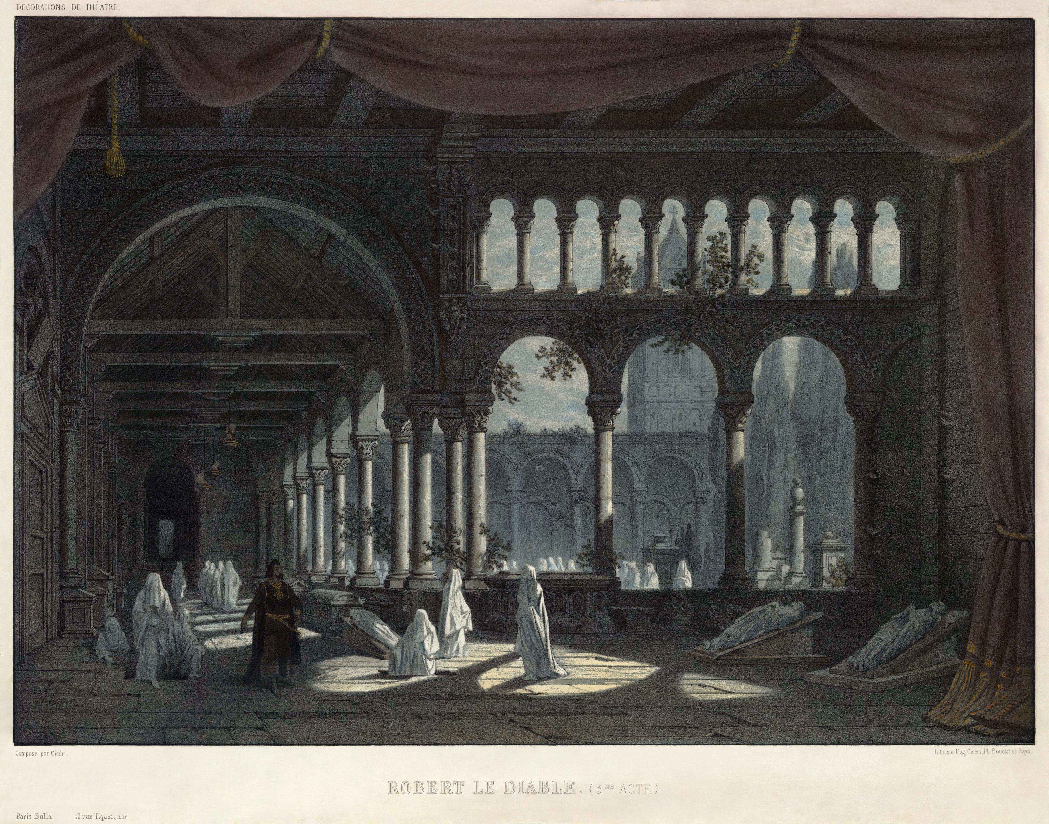 Το "Ballet of the Nuns" [Μπαλέτο των μοναχών] από την Γ΄ πράξη της πρώτης παραγωγής του Robert le Diable [Ροβέρτος ο Διάβολος] του Giacomo Meyerbeer [Τζάκομο Μάιερμπεερ], Παρίσι, 1831. Ζωγραφική και λιθογραφική σύνθεση του Pierre-Luc-Charles Cicéri [Πιερ-Λυκ-Σαρλ Σισερί], με λιθογράφους τους Eugène Cicéri [Εζέν Σισερί], Philippe Benoist [Φιλίπ Μπενουά] και Adolphe Jean-Baptiste Bayot [Αντόλφ Ζαν-Μπατίστ Μπαγιό].