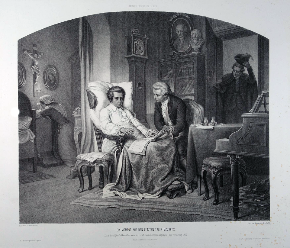 Ein Moment aus den letzten Tagen Mozarts [Μια στιγμή από τις τελευταίες ημέρες του Μότσαρτ], λιθογραφία του Eduard Friedrich Leybold [Έντουαρντ Φρήντριχ Λάιμπολντ] (1857), βάσει πίνακα του Franz Schramm [Φραντς Σραμμ]. Ο ετοιμοθάνατος Wolfgang Amadeus Mozart, με την παρτιτούρα του Ρέκβιεμ στα γόνατα, δίνει τις τελευταίες οδηγίες στον μαθητή του Franz Xaver Süßmayr [Φραντς Ξάβερ Ζύσμαϊρ], ο οποίος ολοκλήρωσε το ημιτελές έργο.