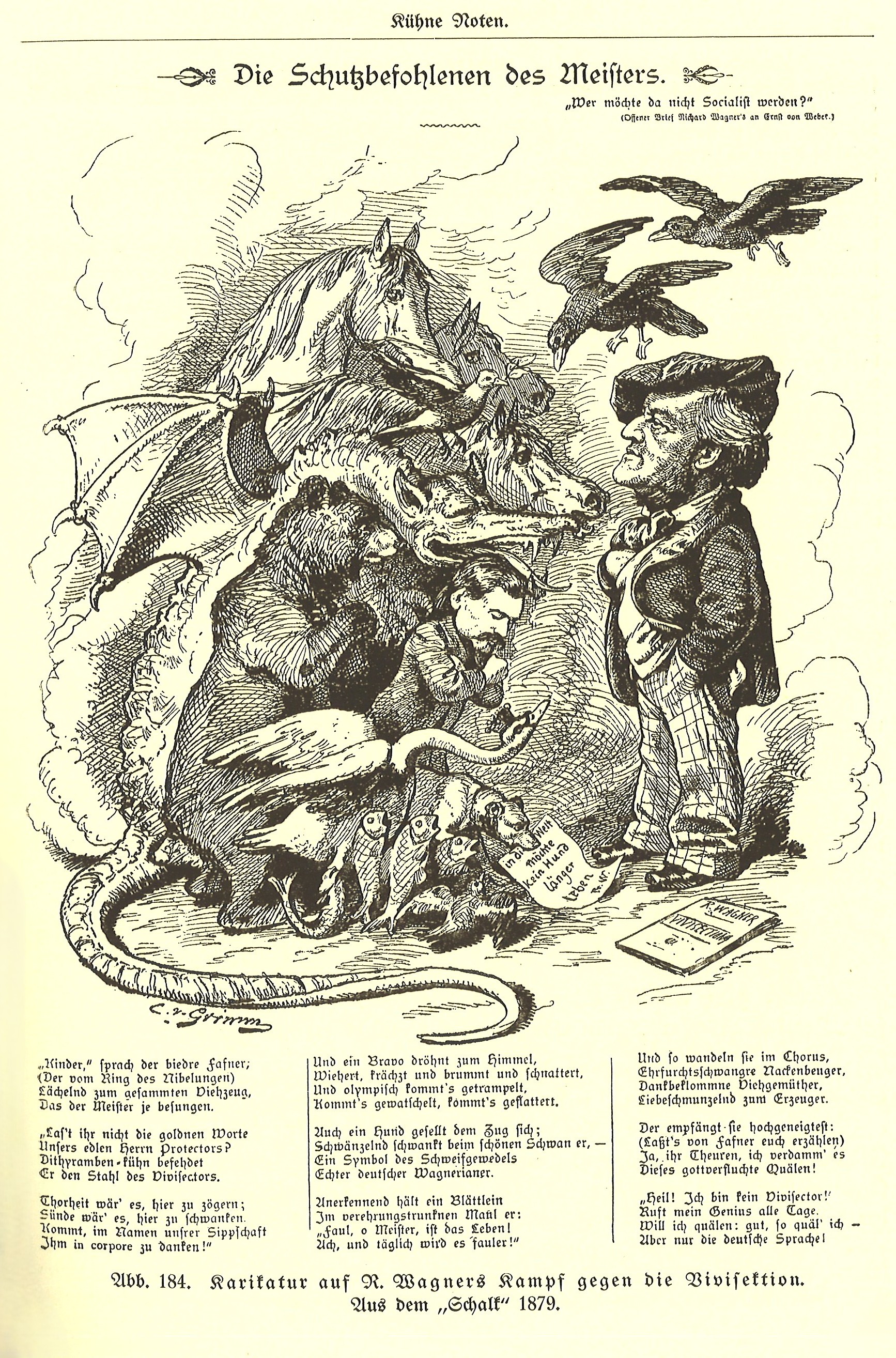 Βαγκνερισμός στο ζωϊκό βασίλειο. Γελοιογραφία με τίτλο «Ο αγώνας του Richard Wagner ενάντια στη ζωοτομία», που δημοσιεύθηκε στο σατιρικό έντυπο Schalt, 1879. Απεικονίζονται τα ζώα να γονατίζουν σε μία εκδήλωση λατρείας απέναντι στον Wagner, ο οποίος υπήρξε ένθερμος υποστηρικτής των δικαιωμάτων τους και σφοδρός πολέμιος των πειραμάτων σε ζώα.