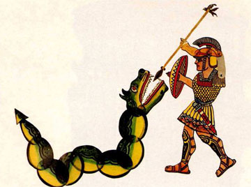 Ο Καραγκιόζης στο έργο Το Καταραμένο Φίδι, μία από τις πιο γνωστές και διαχρονικές παραστάσεις του ελληνικού θεάτρου σκιών, όπου ο λαϊκός ήρωας, με χιούμορ και ευρηματικότητα, καλείται να αντιμετωπίσει ένα μυθικό τέρας, συνδυάζοντας την κωμωδία με το στοιχείο της περιπέτειας. Ζωγραφιστή ζελατίνα.