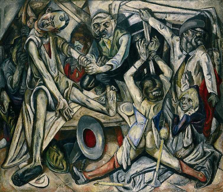 Max Beckmann, Die Nacht [Η Νύχτα], 1918-1919, ελαιογραφία. Ο πρώην εξπρεσιονιστής ζωγράφος Beckmann αναδεικνύει στο έργο του την παρακμή της ανθρωπότητας, απεικονίζοντας έναν κόσμο όπου κυριαρχεί η αδυσώπητη βία, καταθέτοντας έντονα τον προβληματισμό του για τη μελλοντική πορεία της ανθρωπότητας. 