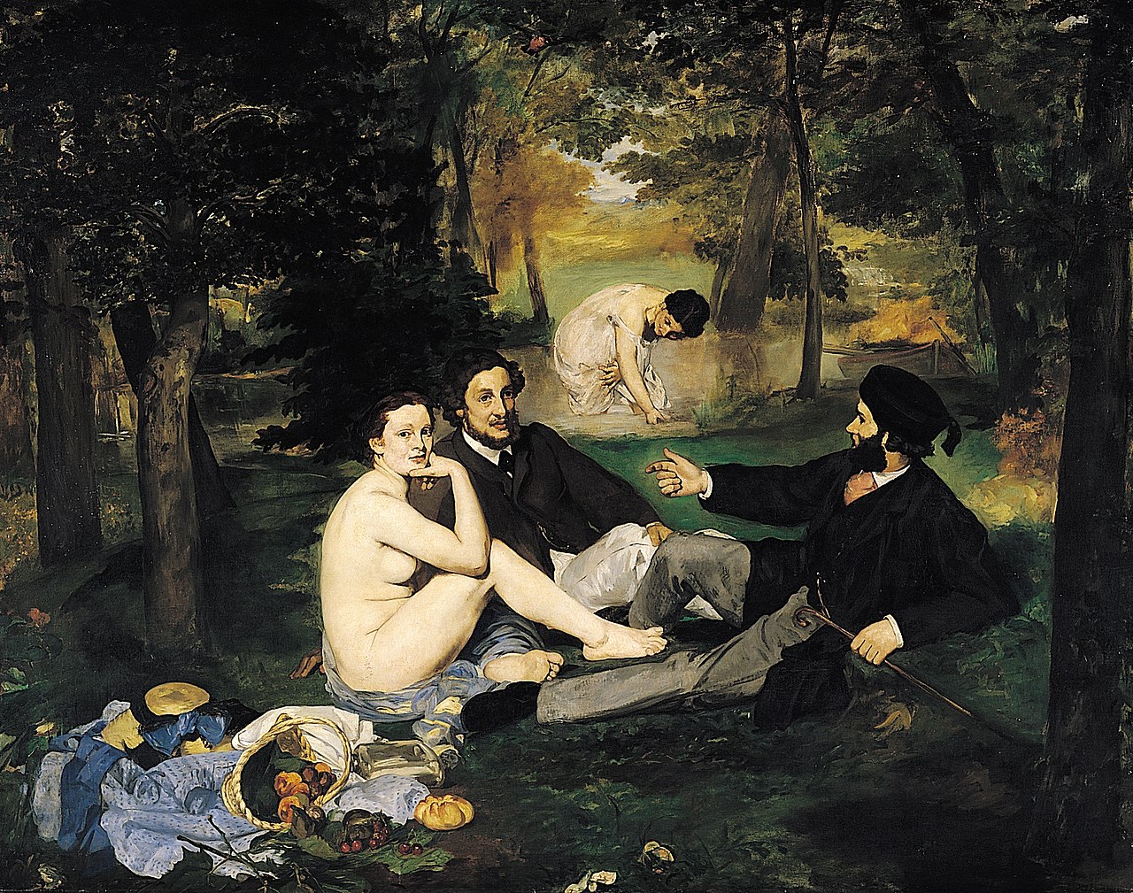 Édouard Manet, Πρόγευμα στη χλόη [Le Déjeuner sur l'herbe, 1863], Λάδι σε καμβά, 207 x 265 cm. Παρίσι, Musée d'Orsay. Η απεικόνιση μιας γυμνής γυναίκας ανάμεσα σε δύο πλήρως ντυμένους άνδρες, καθώς και μιας δεύτερης γυναικείας μορφής στο βάθος που βρίσκεται στη διαδικασία της απέκδυσης, προκάλεσε σφοδρές αντιδράσεις κατά την παρουσίαση του έργου στο Salon des Refusés στο Παρίσι. 