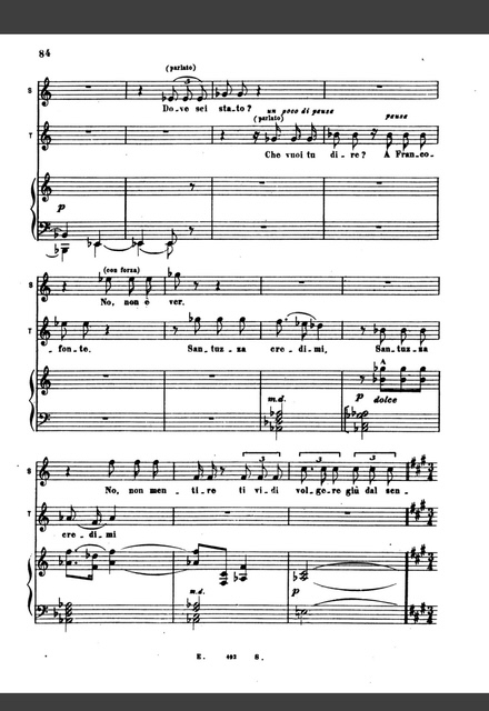 Pietro Mascagni [Πιέτρο Μασκάνι], Cavalleria Rusticana [Χωριάτικος Ιπποτισμός], σ. 84. Στο ντουέτο της αντιπαράθεσης Σαντούτσα – Τουρίντου η ένδειξη «parlato» [ομιλητικά] στις ερωτηματικές φράσεις («Dove sei stato?» [Πού ήσουν;] – «Che vuoi tu dire?» [Τι θέλεις να πεις;]) επιβάλλει άμεση, οιονεί ομιλούμενη απόδοση, πριν η γραφή περάσει «con forza» σε τραγουδιστική κορύφωση. Piano reduction, επιμ. Leopoldo Mugnone [Λεοπόλντο Μουνιόνε], Milano: Edoardo Sonzogno, 1891, Plate E. 492 S. Public Domain.