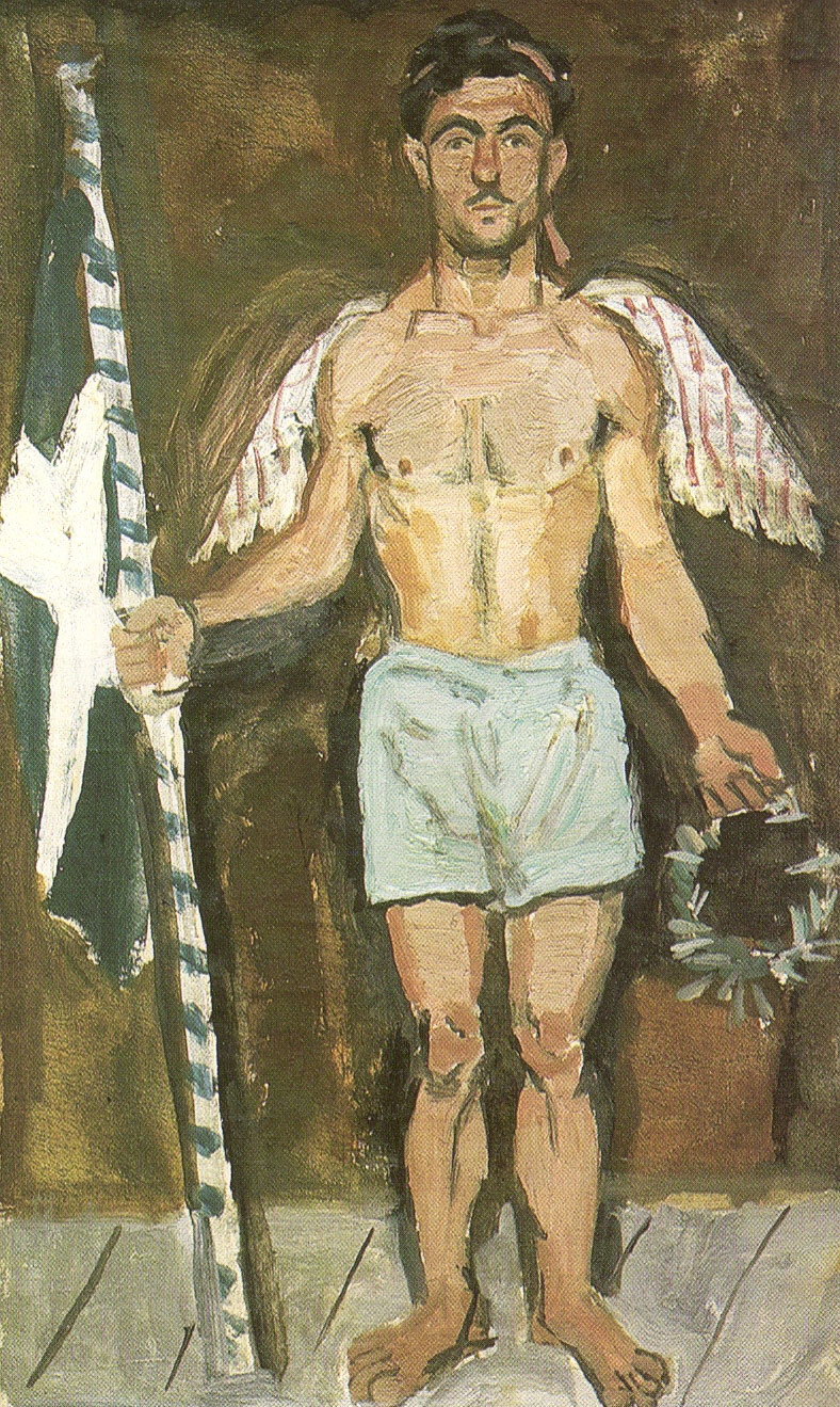 Γιάννης Τσαρούχης [Yannis Tsarouchis], Ο Ευγένιος Σπαθάρης ως άγγελος στην αποθέωση του Αθανασίου Διάκου, 1948, λάδι σε πανί, 31,5 x 20 εκ., Ίδρυμα Γιάννη Τσαρούχη. Ο ζωγράφος αποτυπώνει τον νεαρό καραγκιοζοπαίκτη [[#Ευγένιο Σπαθάρη#]] με φτερά αγγέλου, να κρατά την ελληνική σημαία και δάφνινο στεφάνι, ανακαλώντας τη σκηνή της παράστασης Αθανάσιος Διάκος του πατέρα του, Σωτήρη Σπαθάρη, όπου ο Ευγένιος υποδυόμενος τον άγγελο στεφάνωνε τον ντεκουπαρισμένο σε τσίγκο ήρωα απαγγέλλοντας ποίημα. Το έργο συμπυκνώνει τη συνάντηση της λαϊκής παράδοσης του θεάτρου σκιών με τη μεταβυζαντινή αγγελική εικονογραφία και την τετράχρωμη χρωματική κλίμακα του ζωγράφου.