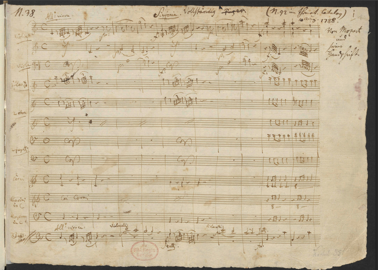 Η πρώτη σελίδα από την αυτόγραφη παρτιτούρα της Συμφωνίας Νο 41 του [[#Wolfgang Amadeus Mozart [Βόλφγκανγκ Αμαντέους Μότσαρτ]#]]. 