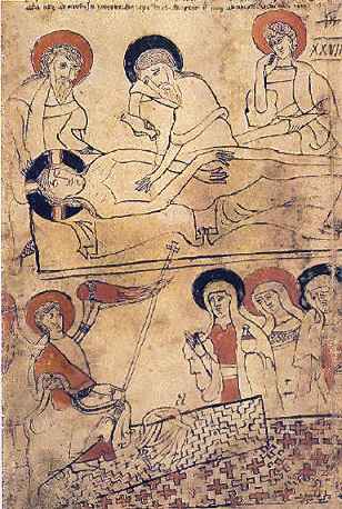 Μικρογραφία από το μεσαιωνικό χειρόγραφο Codex Pray [Κώδικας Πράυ, 1192-1195], το οποίο φυλάσσεται στη Βουδαπέστη. Η εικόνα απεικονίζει τη Visitatio Sepulchri [«Επίσκεψη στον Τάφο»], αποτυπώνοντας οπτικά τον πυρήνα του πρώιμου λειτουργικού δράματος: την έλευση των τριών Μυροφόρων στον κενό τάφο και τη συνάντησή τους με τον άγγελο.
