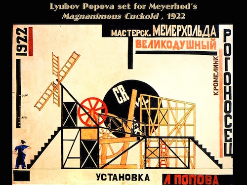 Κονστρουκτιβιστική αφίσα της Ποπόβα που απεικονίζει τα σκηνικά της παράστασης Ο μεγαλόψυχος κερατάς [Le cocu magnifique] του Fernand Crommelynck. Σκηνοθεσία: Βσέβολοντ Εμίλιεβιτς Μέγιερχολντ, σκηνικά: Λιουμπόβ Σεργκέεβνα&nbsp;Ποπόβα, Μόσχα (1922).