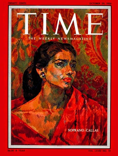 Η υψίφωνος Μαρία Κάλλας [Maria Callas] στο εξώφυλλο του περιοδικού Time (29 Οκτωβρίου 1956), σε ζωγραφική απόδοση. Η προβολή της σε έντυπο παγκόσμιας εμβέλειας, με τον χαρακτηρισμό «Soprano Callas», μαρτυρεί την ανάδειξή της σε διεθνή ντίβα και συνιστά χαρακτηριστικό δείγμα του βεντετισμού στον χώρο της όπερας κατά τον 20ό αιώνα.