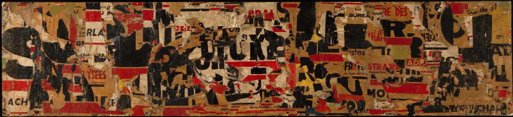 [[#Raymond Hains#]] [[#[Ρέιμοντ Χέινς]#]], [[#Jacques Villeglé#]] [[#[Ζακ Βιλεγκλέ]#]], Ach Alma Manetro, 1949, χαρτί κολλημένο σε καμβά.Στο έργο αυτό, δύο από τα μέλη της ομάδας των affichistes ανασύνθεσαν αποκολλημένα κομμάτια αφισών που είχαν αναρτηθεί στους δρόμους του Παρισιού, σε καμβά μήκους δυόμιση μέτρων. Έτσι αναδεικνύεται ενδεικτικά η τεχνική που ακολούθησαν οι affichistes, δηλαδή η αποκόλληση (decollage) ήδη αναρτημένων αφισών προκειμένου είτε να αναδειχθεί η πίσω, βουβή πλευρά της αφίσας είτε το παλίμψηστο της πόλης, μέσα από τον βανδαλισμό προπαγανδιστικών διαφημίσεων. 