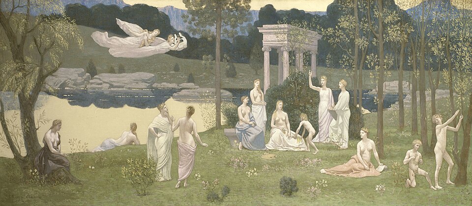 Pierre Puvis de Chavannes [Πιερ Πυβί ντε Σαβάν],&nbsp;Le Bois sacré cher aux Arts et aux Muses&nbsp;[Το Ιερό Άλσος, αγαπημένο των Τεχνών και των Μουσών] (1884-1889), λάδι σε καμβά, 93 x 231 εκ. Οι στατικές, ιερατικές μορφές των Μουσών σε απόκοσμο τοπίο αντανακλούν τις αρχές του συμβολισμού: υποβολή αντί ρεαλιστικής αναπαράστασης, ακινησία ως φορέας μεταφυσικού νοήματος. Πηγή: Art Institute of Chicago (1922.445).