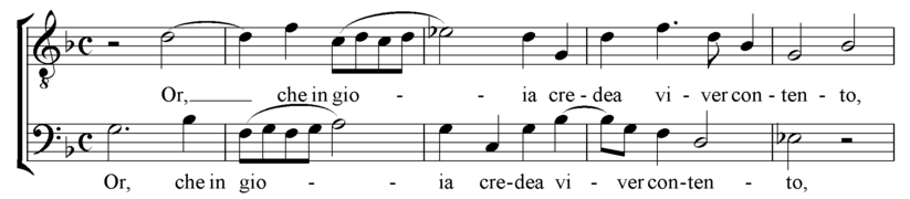 Τα εισαγωγικά μέτρα από το μαδριγάλι του Carlo Gesualdo, "Or, che in gioia viver contento", από το Τέταρτο Βιβλίο Μαδριγαλιών (1596).