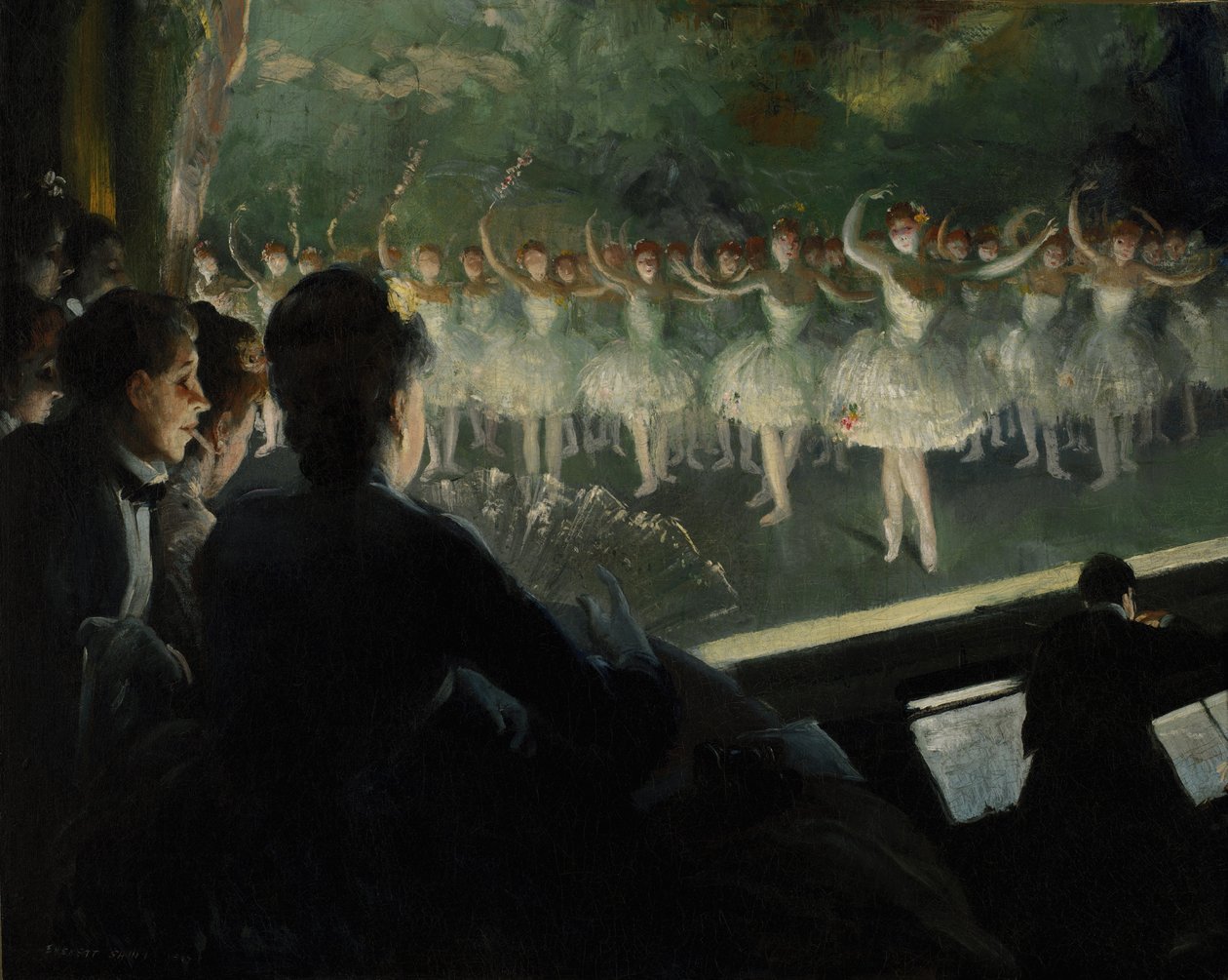 Il balletto bianco [Το λευκό μπαλέτο / The White Ballet] του Everett Shinn [Έβερετ Σιν], ελαιογραφία σε καμβά (1904). Ο Αμερικανός ζωγράφος, μέλος της Ashcan School, αποτυπώνει το λευκοντυμένο σμήνος των χορευτριών κάτω από τα φώτα της ράμπας, μεταφέροντας στη ζωγραφική την αιθέρια αισθητική του λευκού μπαλέτου.