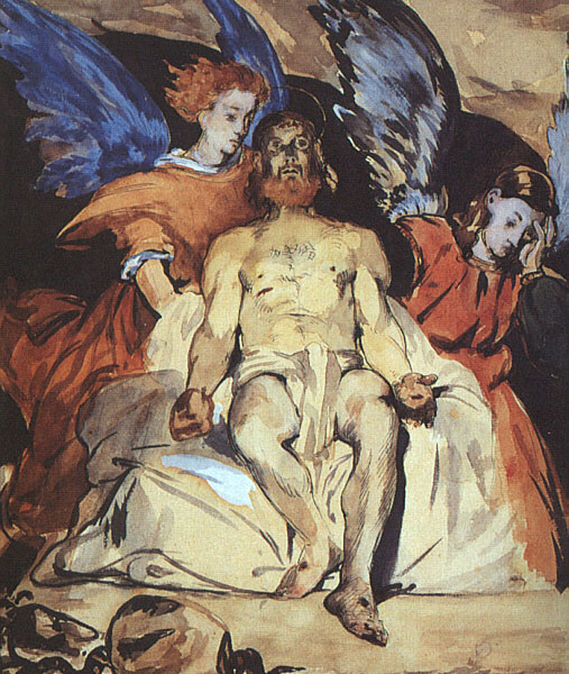 Édouard Manet [Εντουάρ Μανέ] (1832–1883) Μελέτη για τον Νεκρό Χριστό με αγγέλους [Étude pour Le Christ mort et les anges], 1864. Προπαρασκευαστική μελέτη για τον ομώνυμο ρεαλιστικό πίνακα που εκτέθηκε στο Salon του 1864 και προκάλεσε σκάνδαλο για την ωμή, ανθρώπινη απεικόνιση του νεκρού Χριστού. Ο Manet ανανεώνει τη χριστιανική εικονογραφία της Pietà πλαισιώνοντας το νεκρό σώμα με δύο αγγέλους-θρηνωδούς. Οι αγγελικές μορφές, απογυμνωμένες από την μπαρόκ μεγαλοπρέπεια, αποκτούν μια καθημερινή, σχεδόν εφηβική παρουσία, μεταφέροντας τη μεταφυσική παράδοση στη ρεαλιστική αισθητική του γαλλικού 19ου αιώνα.