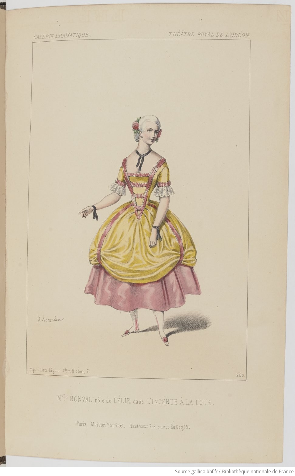 Alexandre Lacauchie [Αλεξάντρ Λακωσί] (1814-1886), Mademoiselle Bonval [Μαντμουαζέλ Μπονβάλ] στον ρόλο της Célie [Σελί] στην κωμωδία L'ingénue à la cour [Η ενζενύ στην αυλή] του Adolphe-Simonis Empis [Αντόλφ-Σιμονί Ανπί], Théâtre royal de l'Odéon, έγχρωμη λιθογραφία, Παρίσι, Martinet &amp; Hautecœur frères, 1846 (από τη σειρά Galerie dramatique, αρ. 260, Bibliothèque nationale de France). Η εικονογραφική μαρτυρία αποτυπώνει τη σκηνική εμφάνιση και το κοστούμι της ενζενύ στο γαλλικό ρεπερτόριο των μέσων του 19ου αιώνα, όπου ο τύπος της αθώας και χαριτωμένης νεάνιδας είχε ήδη παγιωθεί ως αυτοτελής υποκριτική ειδικότητα και εμπορεύσιμη σκηνική περσόνα.