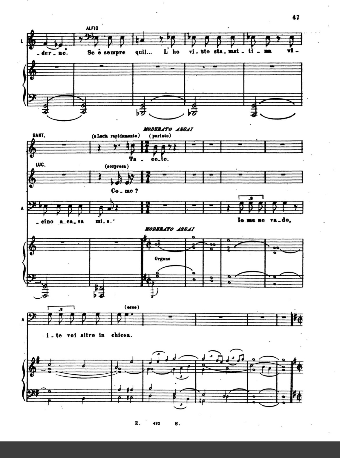 Pietro Mascagni [Πιέτρο Μασκάνι], Cavalleria Rusticana [Χωριάτικος Ιπποτισμός], σ. 47. Η Σαντούτσα απαιτεί από τη μάμα Λουτσία να σωπάσει («Tacete» [Σωπάστε]): η ένδειξη «parlato» [ομιλητικά], με την οδηγία «a Lucia rapidamente», επιβάλλει άμεση, οιονεί ομιλούμενη απόδοση της φράσης. Piano reduction, επιμ. Leopoldo Mugnone [Λεοπόλντο Μουνιόνε], Milano: Edoardo Sonzogno, 1891, Plate E. 492 S. Public Domain.