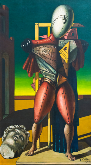 Giorgio de Chirico [Τζώρτζιο ντε Κίρικο], Il Menestrello [Ο μενεστρέλος], ελαιογραφία, 60 x 49,5 εκ., ιδιωτική συλλογή. Στη μεταφυσική εικονοποιία του ζωγράφου, η μορφή του μενεστρέλου μετουσιώνεται σε αινιγματικό, ανδρείκελο ομοίωμα, αποσπασμένο από τον μεσαιωνικό του χρόνο και τοποθετημένο σε έναν αιωρούμενο, ονειρικό χώρο.