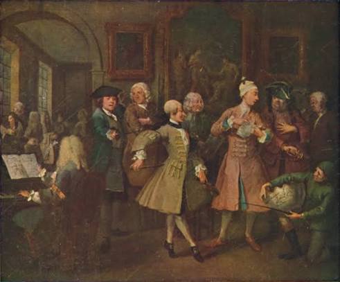William Hogarth [Ουίλλιαμ Χόγκαρθ], «The Heir» [Ο κληρονόμος], πρώτη σκηνή από τη σειρά χαρακτικών A Rake's Progress [Η πορεία ενός ασώτου] (1735). Ο νεαρός Tom Rakewell [Τομ Ρέικγουελ] κληρονομεί την περιουσία του φιλάργυρου πατέρα του και επιδίδεται αμέσως στην επίδειξη, εξαγοράζοντας συγχρόνως την εγκαταλελειμμένη μνηστή του. Η σκηνή εγκαινιάζει την καυστική σάτιρα των κοινωνικών ηθών, που ενέπνευσε δύο αιώνες αργότερα την ομώνυμη όπερα του Ίγκορ Στραβίνσκι [Igor Stravinsky] (1951).