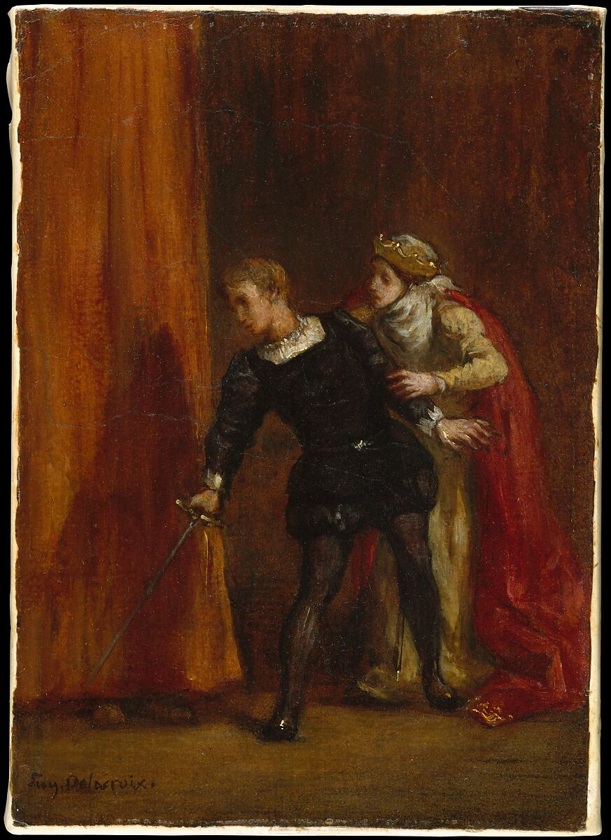 Eugène Delacroix [Εζέν Ντελακρουά], Hamlet et sa mère [Ο Άμλετ και η μητέρα του], 1849. Η σκηνή αποτυπώνει τον Άμλετ τη στιγμή που διακρίνει τον κρυμμένο Πολώνιο πίσω από το παραπέτασμα, στο δωμάτιο της μητέρας του, βασίλισσας Γερτρούδης. Το εσωτερικό εμπόδιο του ήρωα, η υπαρξιακή αναβλητικότητα που αναστέλλει την εκδίκηση, μεταστρέφεται εδώ σε παρορμητική, μοιραία πράξη.