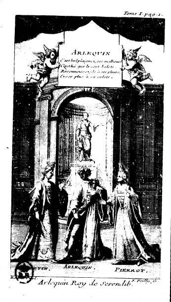 Προμετωπίδα της έκδοσης Arlequin Roi de Serendib [Ο Αρλεκίνος, βασιλεύς του Σεραντίμπ] του [[#Alain-René Lesage [Αλαίν-Ρενέ Λεσάζ]#]] (1720). Η εικόνα αποτυπώνει την αισθητική του "Théâtre de la Foire" [Θέατρο της Πανήγυρης], ενός είδους που άνθησε στο Παρίσι του 18ου αιώνα ως αντίποδας στα επίσημα κρατικά θέατρα. Ο Lesage, κορυφαίος δραματουργός του είδους, χρησιμοποιεί τον χαρακτήρα του Αρλεκίνου από την κομμέντια ντελλ άρτε για να σατιρίσει τα σοβαρά λυρικά δράματα της εποχής. Η συγκεκριμένη έκδοση του 1720 καταγράφει τη μετάβαση της παρωδίας από τον προφορικό και αυτοσχεδιαστικό χαρακτήρα των πανηγύρεων σε μια θεσμοθετημένη μορφή έντυπου θεατρικού λόγου, η οποία επηρέασε σημαντικά την εξέλιξη της οπερά-κωμίκ [opéra comique)]. Προέλευση:&nbsp;Gallica, Εθνική Βιβλιοθήκη της Γαλλίας. Ιστορική και Καλλιτεχνική Σημασία