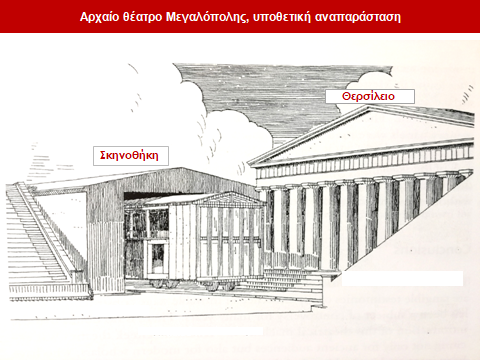 Υποθετική αναπαράσταση του κτηρίου της σκηνοθήκης στο αρχαίο θέατρο της Μεγαλόπολης, στο οποίο φυλασσόταν η κινητή τροχήλατη σκηνή. 