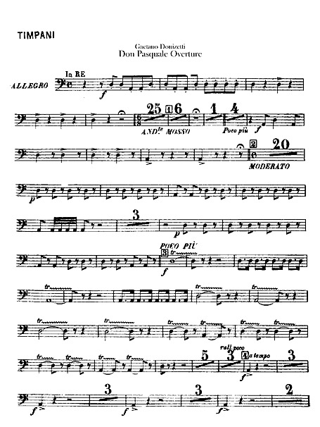 Πάρτα τυμπάνων [timpani] της εισαγωγής της όπερας Don Pasquale [Δον Πασκουάλε] (1843) του Gaetano Donizetti [Γκαετάνο Ντονιτζέττι]. Το φυλλάδιο περιέχει μόνο τη γραμμή του οργάνου, με τους αριθμούς των παύσεων σε μεγάλα ψηφία (25, 6, 20, 3, 5, 2), την αρχική ένδειξη χορδίσματος «In Re» και τα τρέμολα, ώστε ο/η ερμηνευτής/ερμηνεύτρια να μετρά τα κενά μέτρα και να εισέρχεται με ακρίβεια χωρίς εικόνα της συνολικής σύνθεσης.
