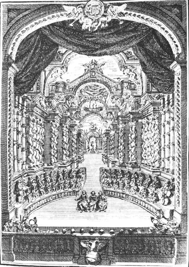 Χαρακτικό από το τυπωμένο λιμπρέτο του Componimento sacro per la festivita del SS. Natale [Ιερή σύνθεση για την εορτή των Αγίων Χριστουγέννων] (Ρώμη 1727, κείμενο του Metastasio, μουσική του Costanzi), όπου απεικονίζεται η διακοσμημένη σκηνή του θεάτρου του Ottoboni στην Cancelleria κατά τη διάρκεια της παράστασης του ορατόριου. (Ευγενική παραχώρηση της Βρετανικής Βιβλιοθήκης)