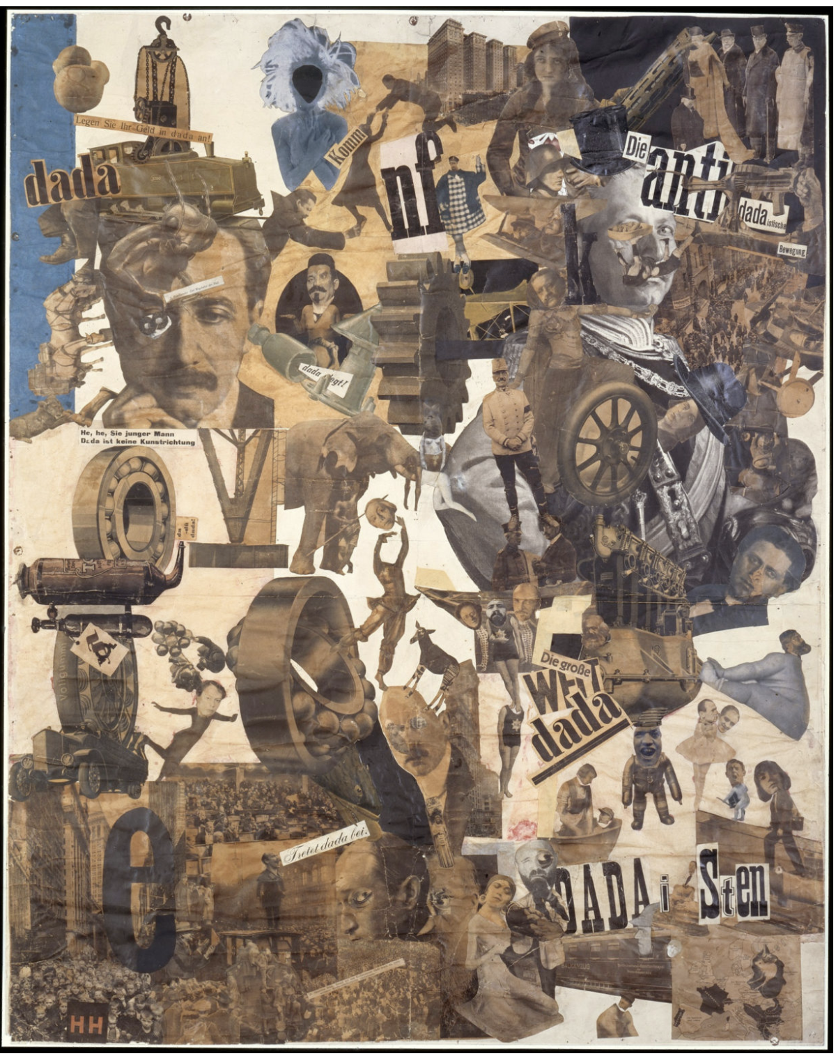 Η Hannah Höch [Χάννα Χεχ], Schnitt mit dem Küchenmesser Dada durch die letzte weimarer Bierbauchkulturepoche Deutschlands [Τομή με το μαχαίρι της κουζίνας μέσα από την τελευταία μπυροκοιλιά πολιτισμική εποχή της Βαϊμάρης στη Γερμανία] (1919 – 1920), φωτομοντάζ, μεικτή τεχνική. Το εμβληματικό αυτό κολλάζ των Βερολινέζων Νταντά συναρμόζει αποκόμματα Τύπου, φωτογραφίες και τυπογραφικά θραύσματα, τέμνοντας το πεδίο σε στοιχεία «Dada» και «anti-dada» και χαρτογραφώντας κριτικά την πολιτική και πολιτισμική σκηνή της Δημοκρατίας της Βαϊμάρης. Nationalgalerie, Staatliche Museen, Βερολίνο.