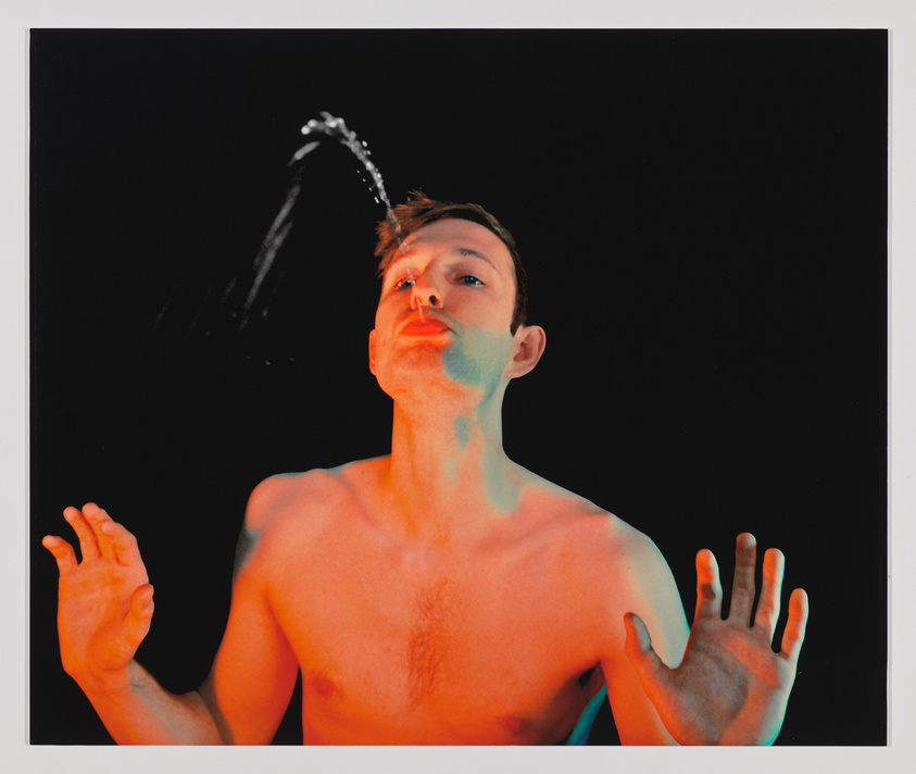 [[#Bruce Nauman [Μπρους Νάουμαν]#]], Self Portrait as a Fountain [Πορτραίτο του καλλιτέχνη ως κρήνη], 1966–1967.Ο Bruce Nauman, αντικειμενοποιώντας το σώμα του και χρησιμοποιώντας το άμεσα ως καλλιτεχνικό μέσο - στο πλαίσιο της τέχνης του σώματος -, ποζάρει ημίγυμνος, με ανοιχτά τα χέρια, ως ανθρώπινο σιντριβάνι, εκτοξεύοντας νερό από το στόμα. Ο τίτλος αυτής της σειράς φωτογραφιών-λογοπαιγνίων παραπέμπει άμεσα στο έργο του [[#Μαρσέλ Ντυσάν#]], Κρήνη (1917), αναδεικνύοντας τη σημασία της ειρωνείας, της αναφοράς και της εννοιολογικής σύνδεσης στην παραγωγή νοήματος.