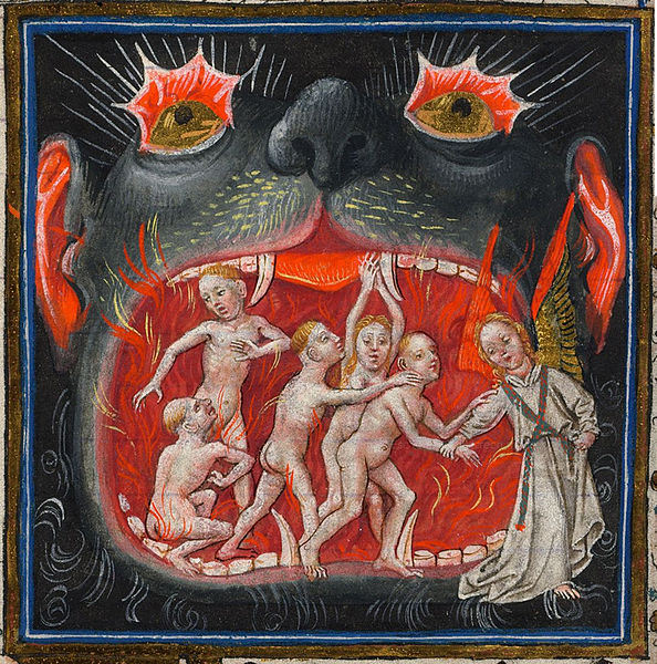 Μικρογραφία με το στόμα του Άδη [Hellmouth] από το Hours of Catherine of Cleves [Το βιβλίο των ωρών της Αικατερίνης του Cleves] (περ. 1440, Morgan Library &amp; Museum, MS M.917/945). Η απεικόνιση της Κολάσεως ως τερατώδους σιαγόνας αντιστοιχεί στο θεαματικότερο σκηνικό κατασκεύασμα του μυστηρίου, εξοπλισμένο με μηχανισμούς καπνού και πυροτεχνημάτων, από το οποίο αναδύονταν και στο οποίο καταδύονταν οι διάβολοι.