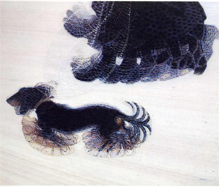 Στο χαρακτηριστικό το έργο του [[#Giacomo Balla [Τζιάκομο Μπάλλα]#]] Dinamismo di un cane al guinzaglio [Δυναμισμός ενός σκύλου με λουρί] (1912), ο καλλιτέχνης αποδίδει την κίνηση ενός σκύλου που τρέχει. 