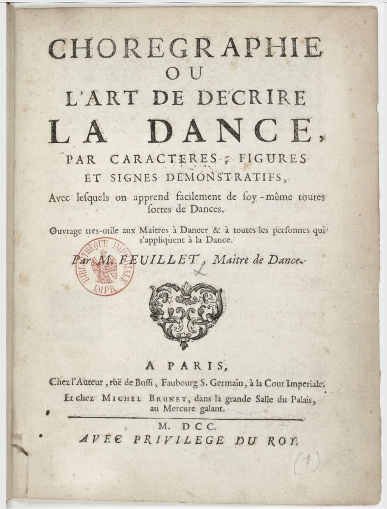 Εξώφυλλο του εγχειριδίου Chorégraphie, ou l’art de décrire la dance par caractères, figures et signes démonstratifs [Χορογραφία, ή η τέχνη της καταγραφής του χορού με χαρακτήρες, σχήματα και επεξηγηματικά σημεία] του Raoul-Auger Feuillet [Ραούλ-Ωζέ Φεγιέ], που εκδόθηκε στο Παρίσι το 1700. Η έκδοση καθιέρωσε τον όρο chorégraphie για τη γραπτή αποτύπωση της κίνησης και δημοσιοποίησε το σύστημα σημειογραφίας Beauchamp–Feuillet [Μπωσάν–Φεγιέ].