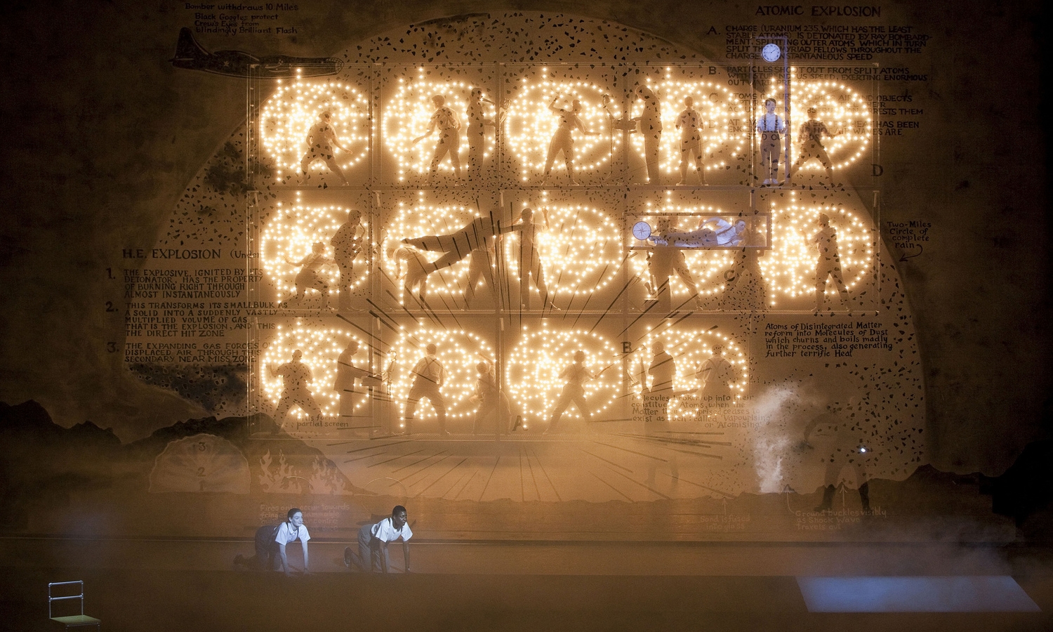 Στιγμιότυπο από την παράσταση Ο Αϊνστάιν στην παραλία&nbsp;[Einstein on the Beach], όπερα σε τέσσερις πράξεις των [[#Robert Wilson#]] και [[#Philip Glass#]], [[#Opéra Berlioz-Le Corum#]], Montpellier, 2012 (αρχική πρεμιέρα 1976, [[#Φεστιβάλ της Αβινιόν#]]˙ Φωτογραφία © [[#Lesley Leslie-Sprinks#]]). 