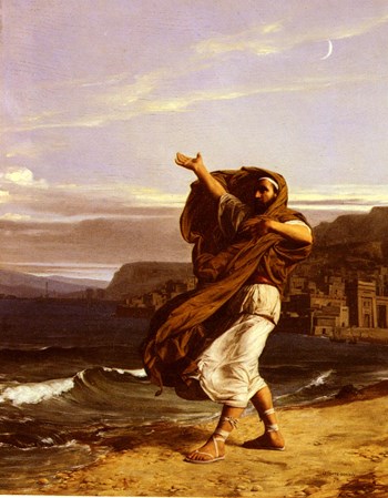 Ο Δημοσθένης σε πίνακα του [[#Jean-Jules-Antoine Lecomte du Nouÿ [Ζαν-Ζυλ-Αντουάν Λεκόντ ντυ Νουΐ]#]], Démosthène s'exerçant à la parole [Ο Δημοσθένης ασκείται στον λόγο] (1870). Κατά την παράδοση που διασώζει ο Πλούταρχος, ο ρήτορας διόρθωσε το τραύλισμά του μιλώντας με βότσαλα στο στόμα και δυνάμωσε τη φωνή του απαγγέλλοντας ενώ έτρεχε σε ανηφόρες. Η παραστατικότητα του ρητορικού λόγου παρουσιάζεται εδώ ως δεξιότητα που κατακτάται με την άσκηση της φωνής και του σώματος.