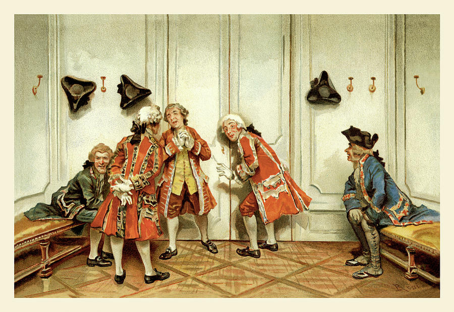Lucius Rossi [Λούτσιους Ρόσσι], School for Scandal: Eavesdropping [Το Σχολείο του Σκανδάλου: Ωτακουστία]: σκηνή εμπνευσμένη από την κωμωδία ηθών The School for Scandal (1777) του Richard Brinsley Sheridan [Ρίτσαρντ Μπρίνσλυ Σέρινταν], στην οποία η ωτακουστία αποτελεί κεντρικό δραματουργικό μηχανισμό: δραματικά πρόσωπα κρύβονται πίσω από παραβάν, κρυφακούν συνομιλίες και αποκαλύπτονται θεαματικά, πυροδοτώντας τη διασημότερη κωμική κορύφωση [screen scene] στην ιστορία του αγγλικού θεάτρου.