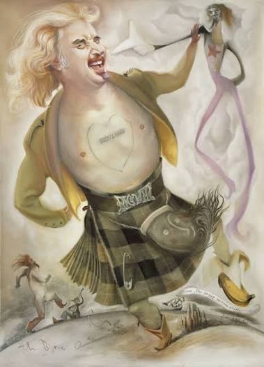 Ο Billy Connolly [Μπίλλυ Κόννολλυ] σε σατιρικό πορτραίτο του John Byrne [Τζων Μπάιρν]: με το γέλιο, το κιλτ και την καρδιά «Scotland» χαραγμένη στο στήθος, αποδίδεται η σκωτσέζικη λαϊκή περσόνα του κωμικού. Ο Connolly, με ρίζες στο μιούζικ χωλ και τα folk clubs, ανέδειξε τη στάντ-απ κωμωδία του αφηγηματικού, «περιπλανώμενου» μονολόγου. © Estate of John Byrne, DACS, London 2023.