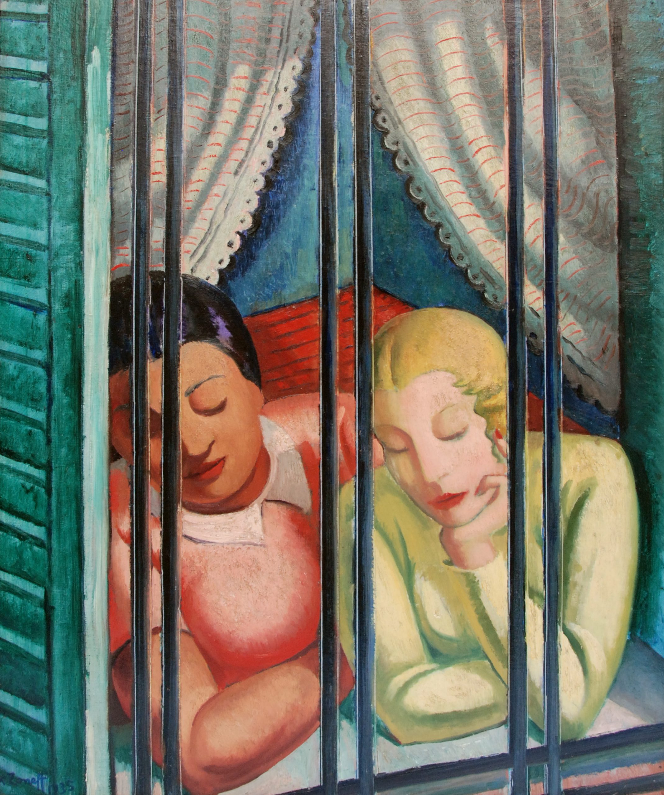 [[#Κίριλ Τσόνεφ [Kiril Tsonev]#]] (1896-1961), Γυναίκες που ακούν μαρίμπα [Жени, слушащи маримба], 1935, Δημοτική Πινακοθήκη Σόφιας. Ο Βούλγαρος ζωγράφος, με σπουδές στη Μουσική Ακαδημία του Μονάχου, μετέφερε στη βουλγαρική σκηνή την αισθητική του νεοπραγματισμού, τεκμηριώνοντας τη διεθνή ακτινοβολία του ρεύματος εκτός Γερμανίας, στην Ολλανδία, την Τσεχοσλοβακία και τις χώρες των Βαλκανίων. Στο έργο αυτό, η ψυχρή, παραστατική απεικόνιση, η αυστηρή γεωμετρική σύνθεση και η ανοικειωτική ματιά στις σύγχρονες αστές γυναίκες που απολαμβάνουν εξωτικό μουσικό θέαμα συμπυκνώνουν την αμφίσημη σχέση του ρεύματος με τη μοντέρνα αστική κουλτούρα και την εμπορευματοποίηση της μουσικής διασκέδασης του μεσοπολέμου.
