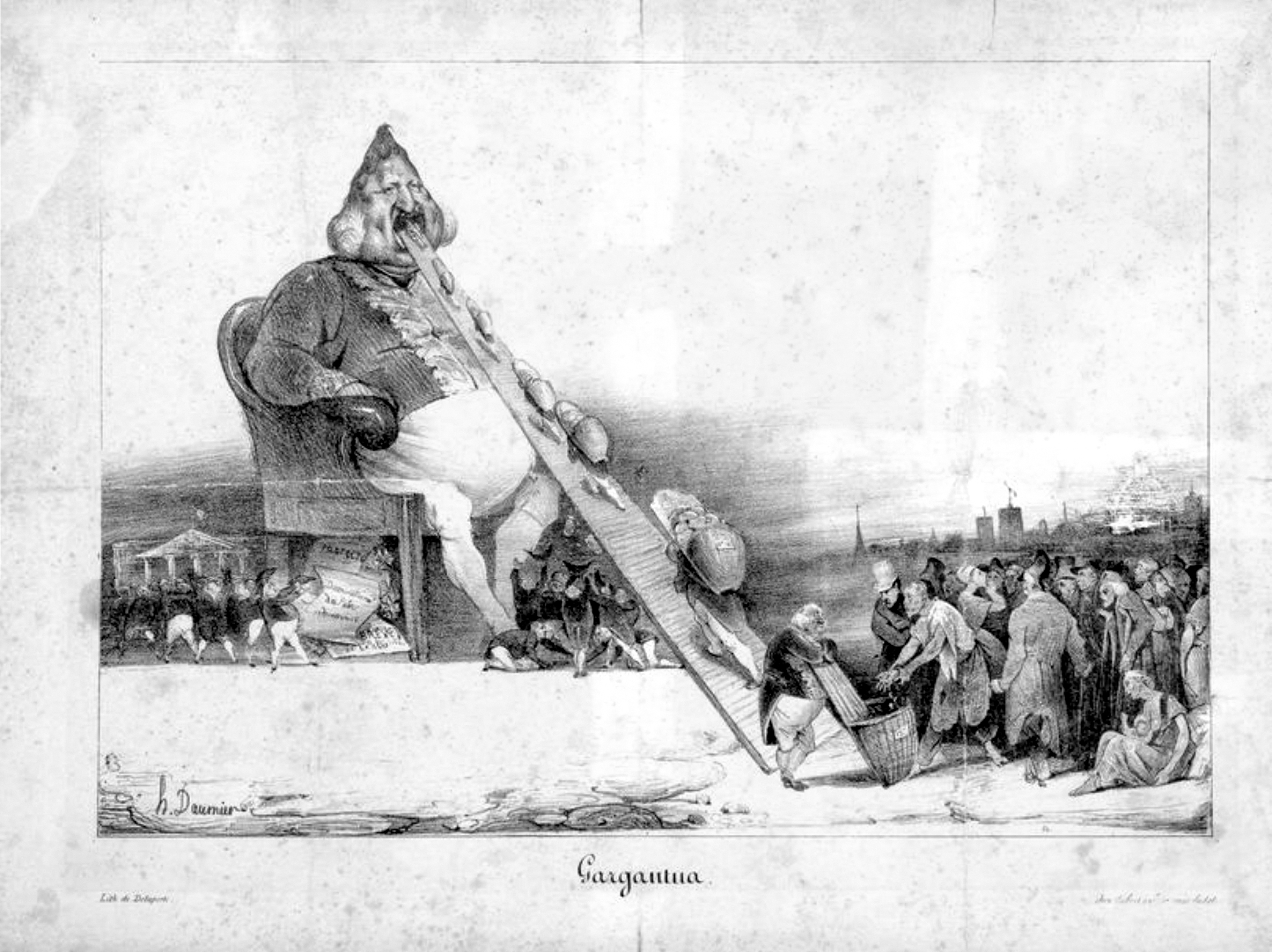 Honoré Daumier [Ωνορέ Ντωμιέ], «Gargantua» [Γαργαντούας] (16 Δεκεμβρίου 1831), λιθογραφία. Καυστική σάτιρα του βασιλιά Louis-Philippe [Λουδοβίκος-Φίλιππος], απεικονισμένου ως αδηφάγου γίγαντα που καταβροχθίζει τον πλούτο του λαού, ενώ κάτω από τον θρόνο οι εξαγορασμένοι βουλευτές αποδίδονται ως απεκκρίματά του. Το έργο κατήγγελλε την απληστία και την εκλογική διαφθορά της Ιουλιανής Μοναρχίας και οδήγησε τον καλλιτέχνη σε πρόστιμο και φυλάκιση, αποτυπώνοντας τη σχέση σάτιρας και λογοκρισίας.