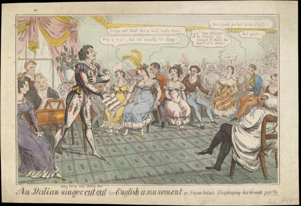 [[#John Lewis Marks [Τζον Λούις Μαρκς]#]], An Italian Singer, cut out for English amusement, or, Signor Veluti displaying his Great parts [Ένας Ιταλός τραγουδιστής, κομμένος και ραμμένος για την αγγλική διασκέδαση, ή, ο σινιόρ Βελλούτι επιδεικνύει τα μεγάλα προσόντα του], γελοιογραφία, 1825 (Victoria and Albert Museum, Λονδίνο). Σατιρίζεται η αποθεωτική υποδοχή του καστράτου Giovanni Battista Velluti [Τζοβάννι Μπαττίστα Βελλούτι] από τη λονδρέζικη αριστοκρατία, με τα λογοπαίγνια περί «great parts» να υπαινίσσονται σκωπτικά τη σωματική ιδιαιτερότητα του ευνουχισμένου ερμηνευτή.