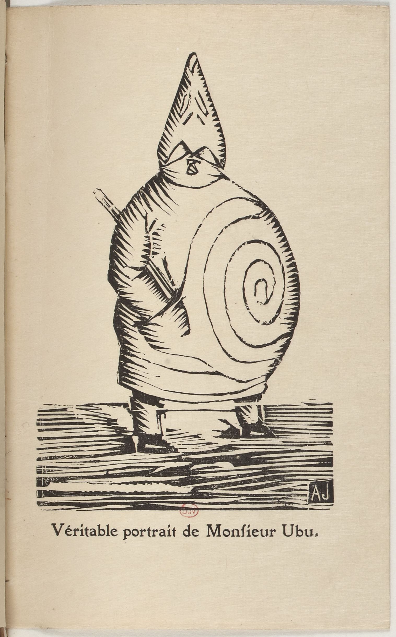 Véritable portrait de Monsieur Ubu [Αληθινό πορτρέτο του κυρίου Υμπύ], ξυλογραφία του [[#Alfred Jarry [Αλφρέ Ζαρρύ]#]] που χρησίμευσε ως προμετωπίδα του Ubu Roi [Υμπύ Τύραννος] (1896). Η γκροτέσκα φιγούρα, με το σπειροειδές σύμβολο στην κοιλιά, αποτελεί παρωδία του σφετεριστή ηγεμόνα της σαιξπηρικής τραγωδίας και προαναγγέλλει την ανατρεπτική αισθητική της ιστορικής πρωτοπορίας.