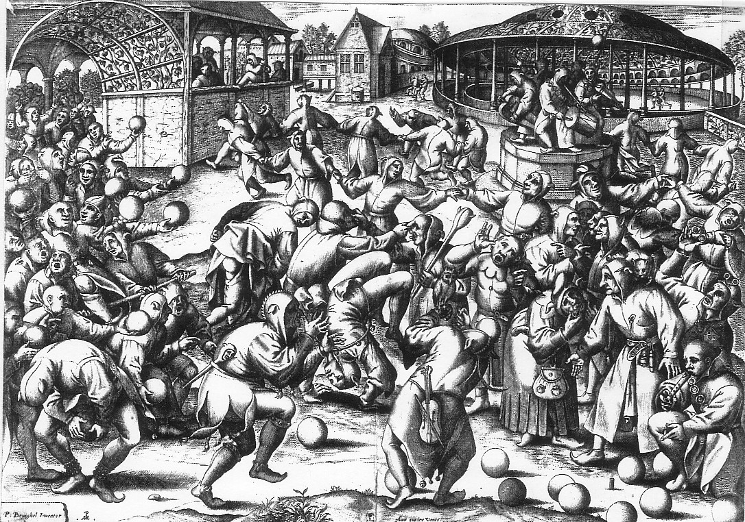 Het Feest der Zotten [Η Γιορτή των Μωρών], χαλκογραφία του Pieter van der Heyden [Πήτερ φαν ντερ Χέυντεν] κατά σχέδιο του Pieter Bruegel de Oude [Πήτερ Μπρέγκελ ο Πρεσβύτερος], έκδοση Hieronymus Cock [Ιερώνυμος Κοκ], Αντβέρπη, περ. 1570. Πλήθος μωρών με την κουκούλα με τα αυτιά γαϊδάρου και τα κουδουνάκια επιδίδεται σε παίγνια, μουσική και χειρονομίες εξαπάτησης, ενώ οι φλαμανδικοί στίχοι της επιγραφής σχολιάζουν την ανθρώπινη μωρία. Το χαρακτικό αποτυπώνει τη μωρολογική παράδοση που τροφοδότησε δύο μορφές του μεσαιωνικού θεάτρου, τη Γιορτή των Μωρών [Fête des Fous] και τις μωρίες [sotties], στις οποίες η φιγούρα του μωρού λειτουργούσε ως σκηνικό μέσο ανατροπής της κοινωνικής τάξης και σατιρικού σχολιασμού.