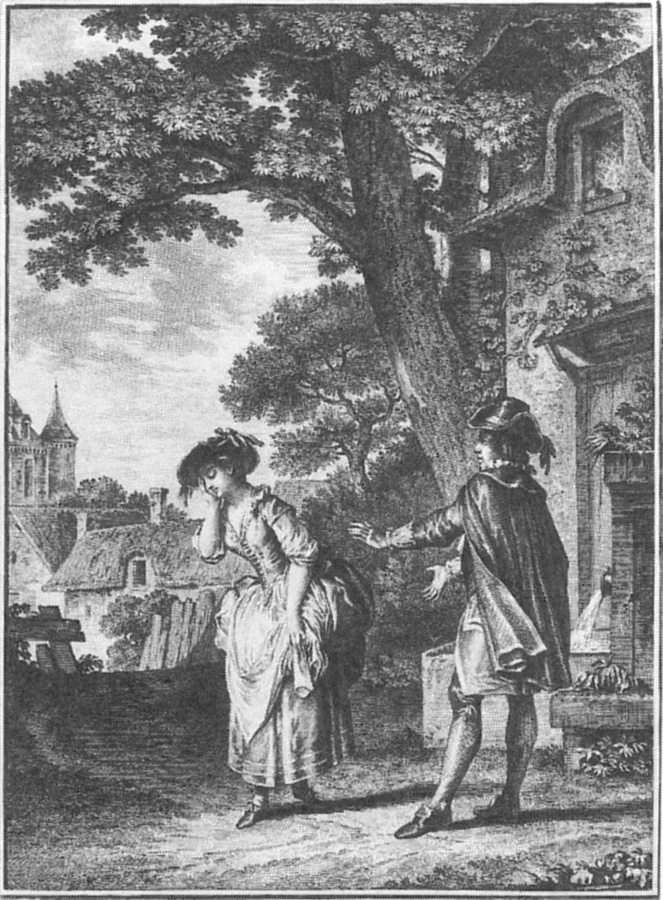Σκηνή από τον Μάντη του χωριού [Le devin du village] (1752) του Jean-Jacques Rousseau [Ζαν-Ζακ Ρουσσώ], χαρακτικό του [[#Jean-Michel Moreau [Ζαν-Μισέλ Μορώ]#]] (1741–1814), περ. 1779. Το ιντερμέδιο αποτέλεσε σημαντικό πρόδρομο της οπερά-κωμίκ των μέσων του 18ου αιώνα, καθώς, εν μέσω της Querelle des Bouffons [Διαμάχης των Μπουφώνων], εισήγαγε μια νέα απλότητα και φυσικότητα που ενέπνευσε τη νεότερη γενιά Γάλλων συνθετών του είδους.