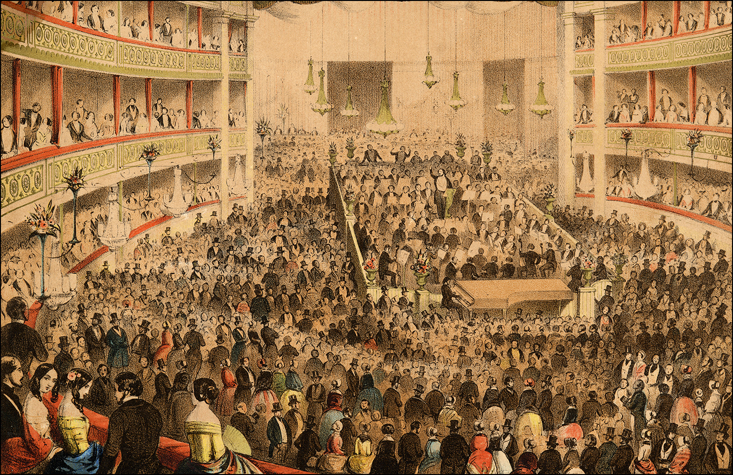 Λεπτομέρεια λιθογραφίας που απεικονίζει στιγμιότυπο περιπατητικής συναυλίας στο Covent Garden του Λονδίνου. Westminster City Archives. 