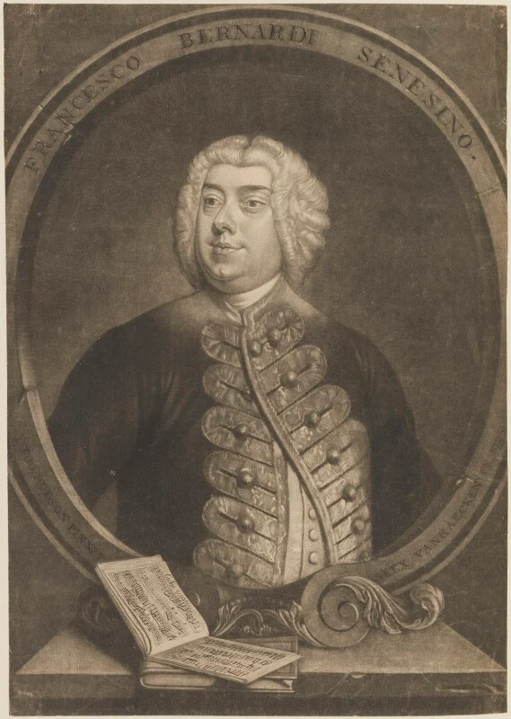 [[#Alexander van Aken [Αλεξάντερ φαν Άκεν]#]], βάσει έργου του [[#Thomas Hudson [Τόμας Χάντσον]#]], προσωπογραφία του [[#Francesco Bernardi [Φραντσέσκο Μπερνάρντι]#]], γνωστού ως Senesino [Σενεσίνο], χαρακτικό σε τεχνική μαύρης μανιέρας [mezzotint], 1735 (National Portrait Gallery, Λονδίνο). Ο Senesino υπήρξε ένας από τους διασημότερους καστράτους του 18ου αιώνα, πρωταγωνιστής σε πολλές όπερες του Georg Friedrich Händel.
